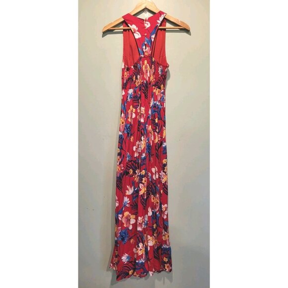 New Red Blue Hawiian Empire Waist Sleeveless Maxi Dress Japna Sz XS Tropical - Picture 4 of 8